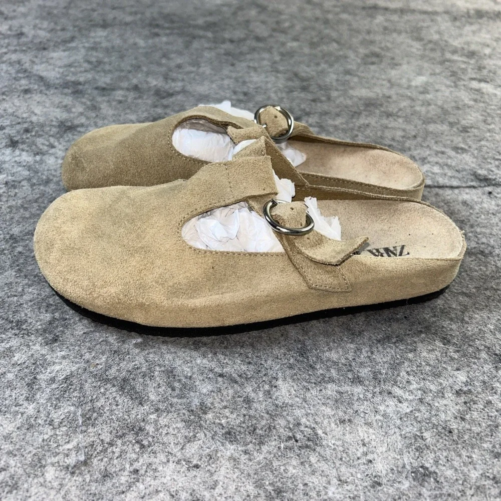 ZARA Kids Beige Suede Slip-On Clogs size 36/4 Leather Sliver Strap